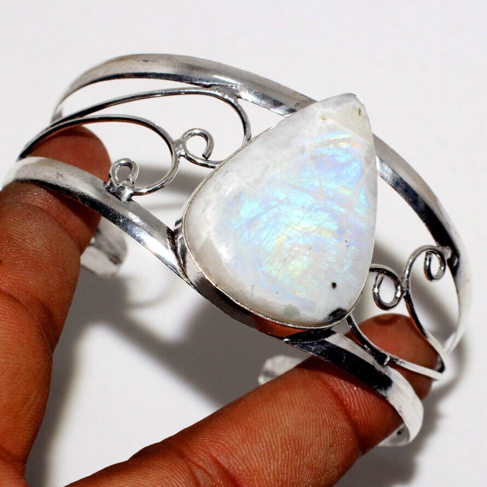 Huge Gemstone Rainbow Moonstone 925 Stamped Bracelet with ADJ. band. - Picture 2 of 3